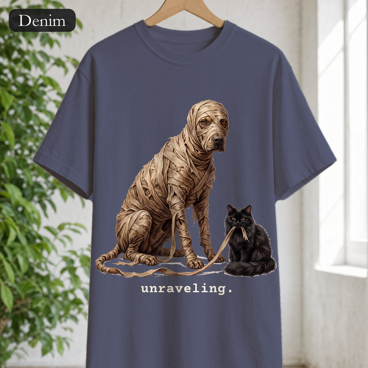 Unraveling Mummy & Cat Shirt, Funny Halloween Mummy Tee, Cozy Deadpan Spooky Tee, Black Cat Lover Gift