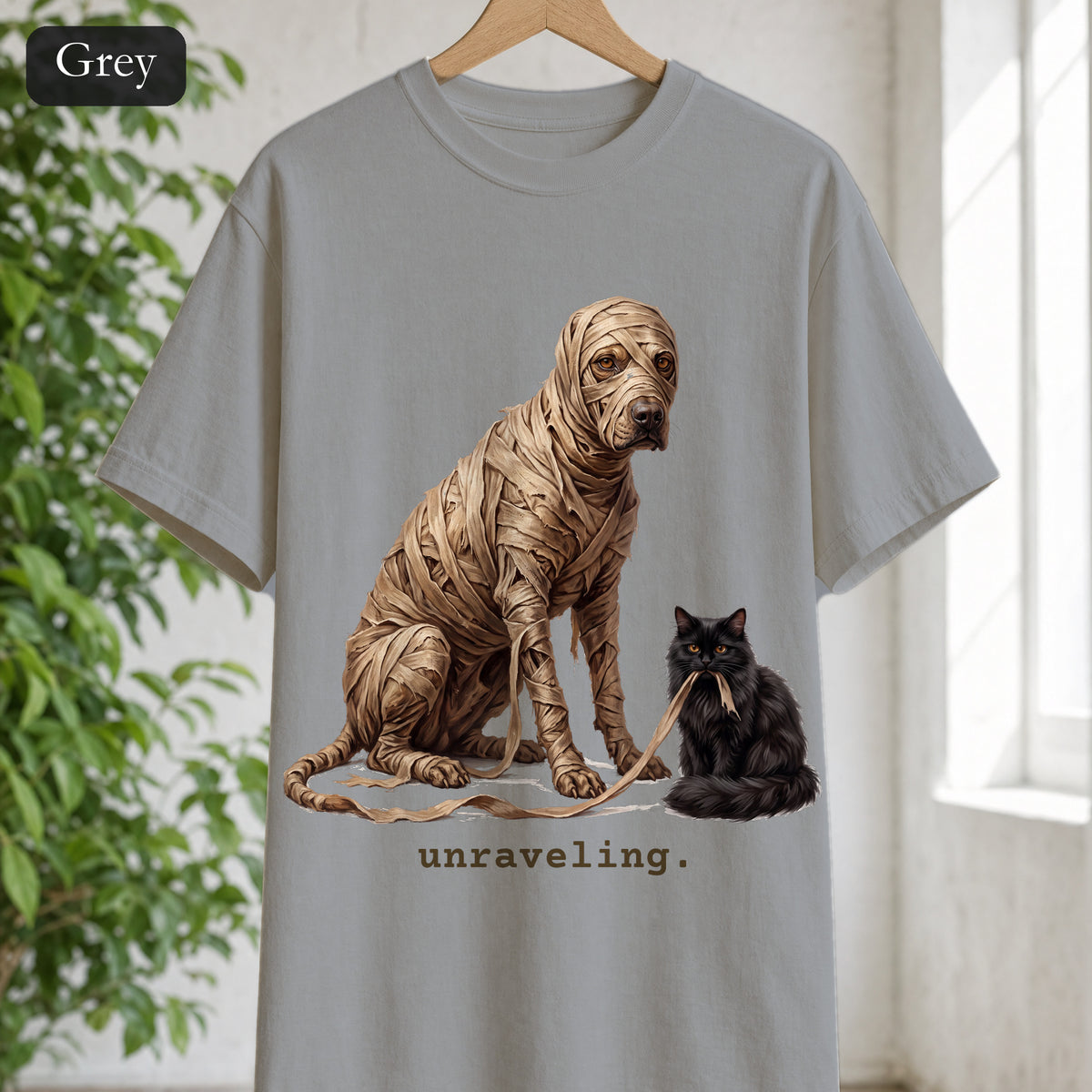 Unraveling Mummy & Cat Shirt, Funny Halloween Mummy Tee, Cozy Deadpan Spooky Tee, Black Cat Lover Gift