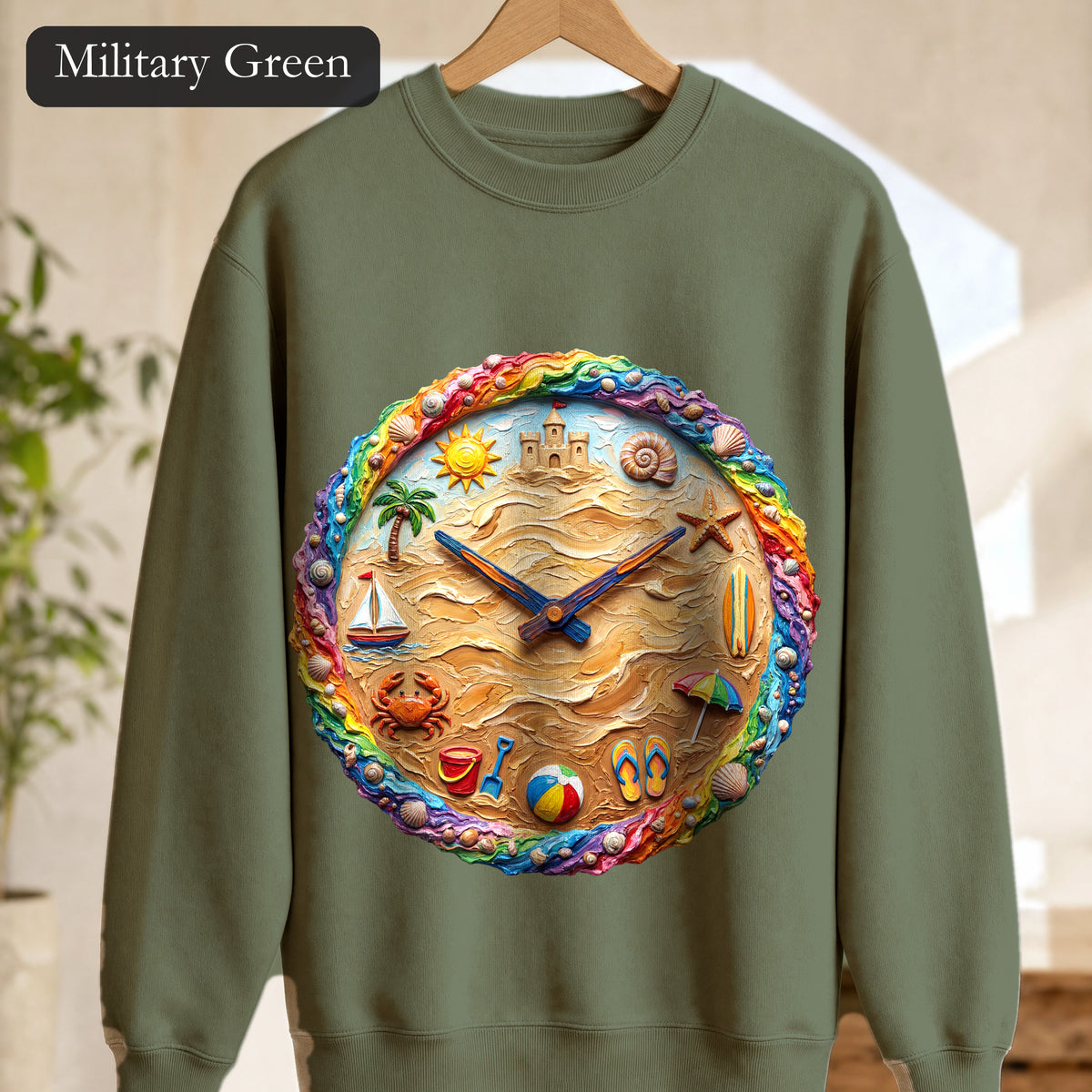 Beach Clock Shirt, Dreamy Coastal Art Tee, Surreal Beach Lover Gift, Summer Ocean Sweatshirt