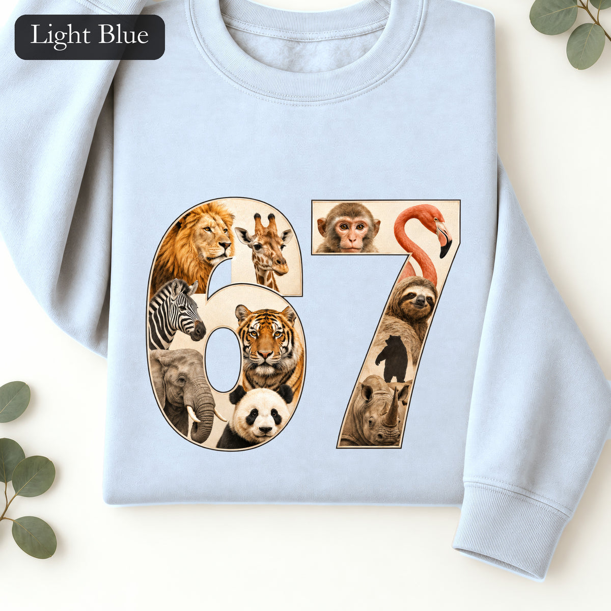 67 Zoo Animals Shirt, Funny 67 Meme Tee, Trendy Animal Number Gift, Giraffe Elephant Lion Sweatshirt