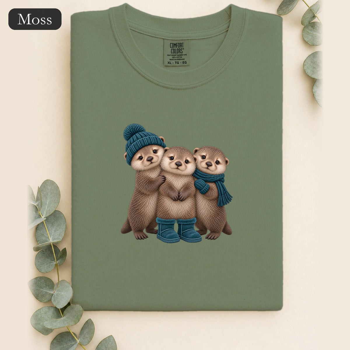 Three Otters Wearing Winter Hats Boots shirt | Cute Otter Trio Design