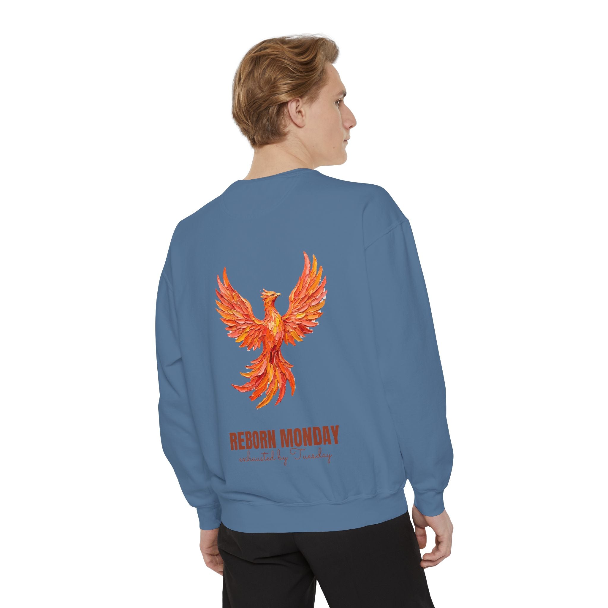 Reborn Monday Exhausted by Tuesday Shirt, Funny Phoenix Tee, Work Week Humor Gift, Painterly Fantasy Sweatshirt