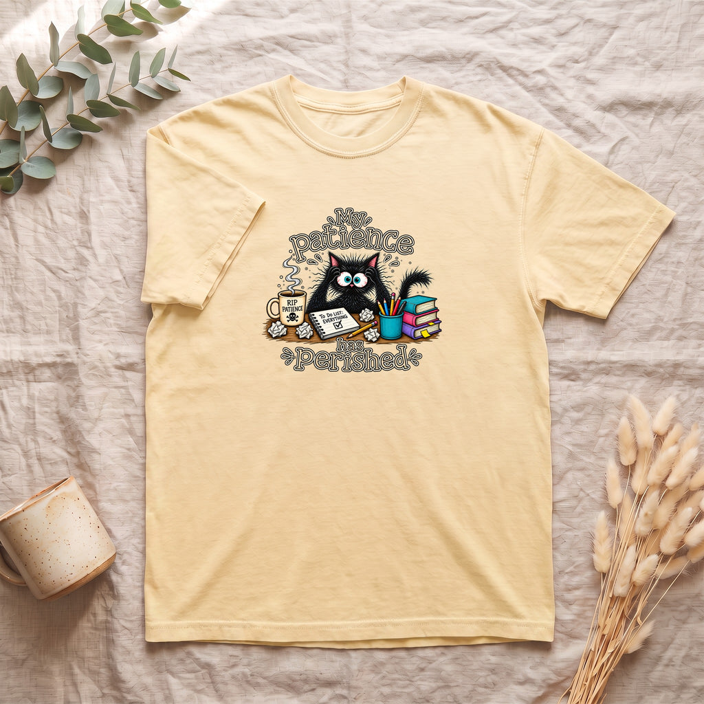 My Patience Has Perished cat shirt | Cute grumpy cat illustration, coffee and books