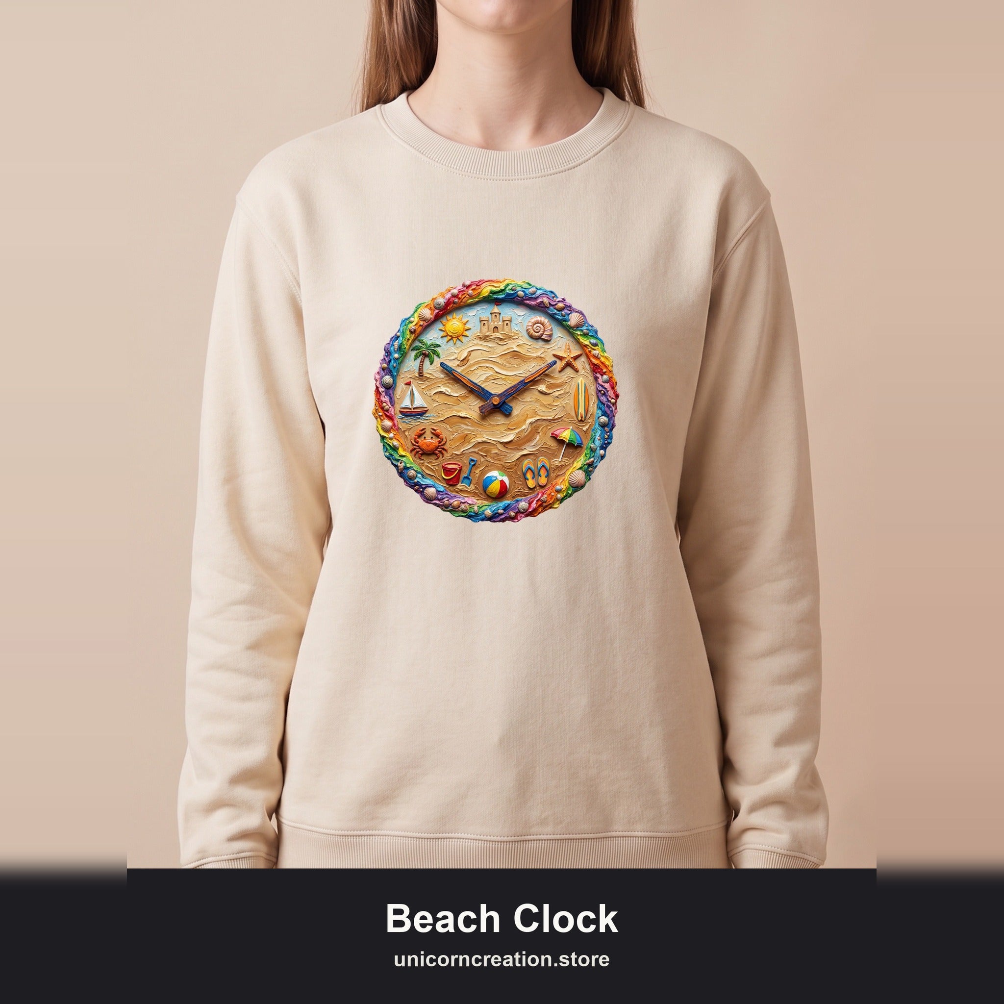 Beach Clock Shirt, Dreamy Coastal Art Tee, Surreal Beach Lover Gift, Summer Ocean Sweatshirt