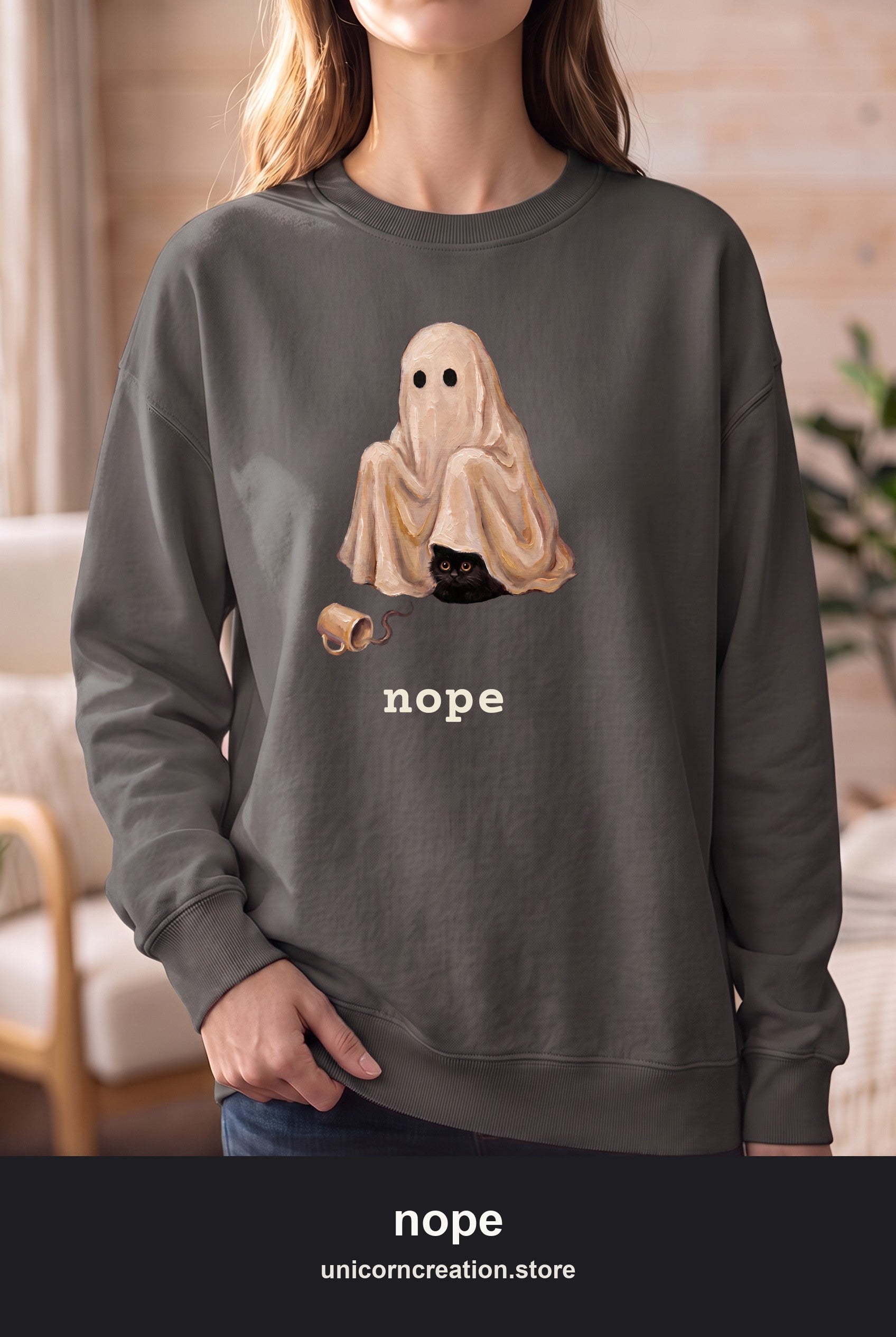 Nope Ghost & Black Cat Sweatshirt, Cozy Halloween Introvert Crewneck, Homebody Ghost Sweatshirt, Funny Spooky Season Cat Lover Gift