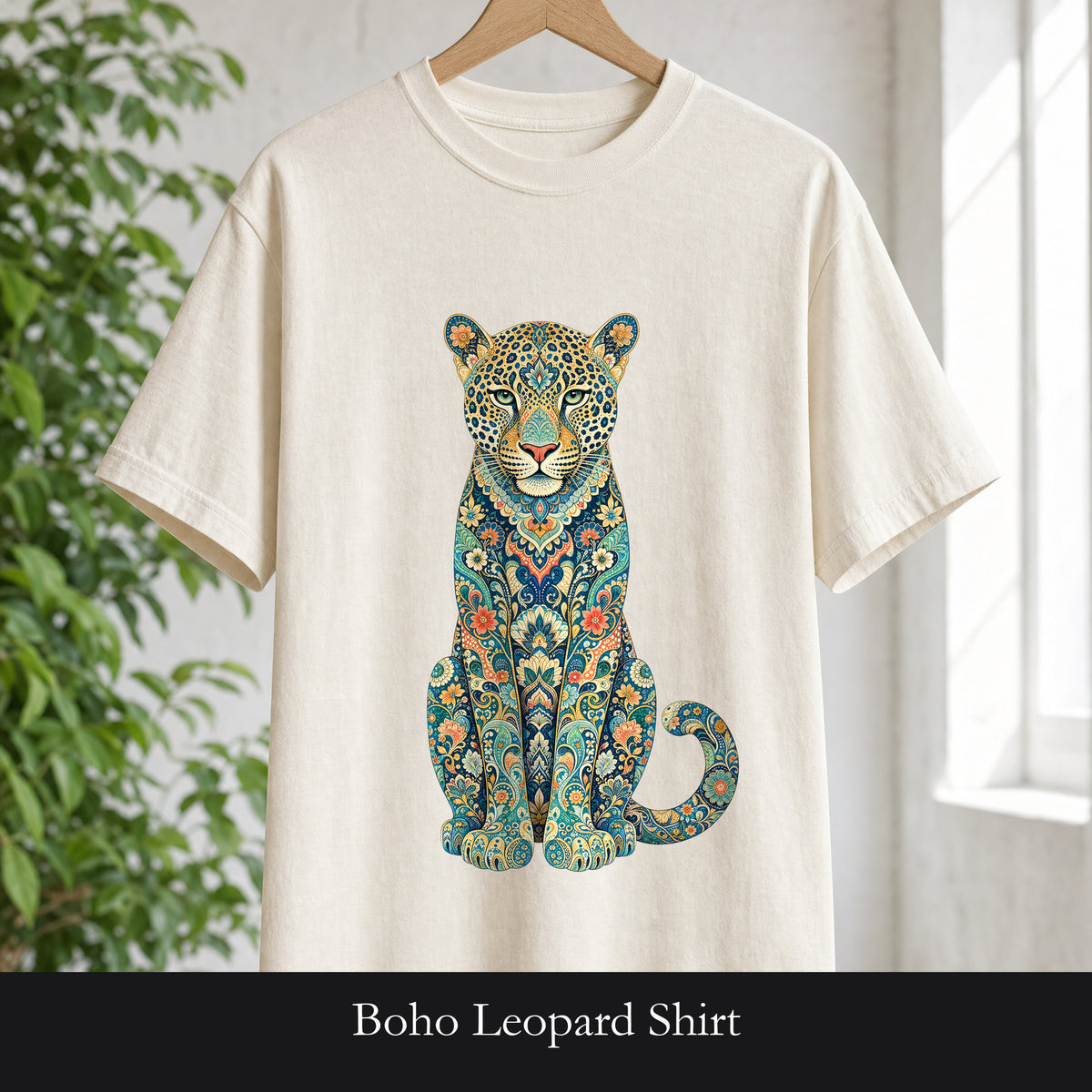 Boho Leopard Shirt, Folk Art Leopard Tee, Japanese Pattern Big Cat Lover Gift, Vintage Floral Leopard Sweatshirt