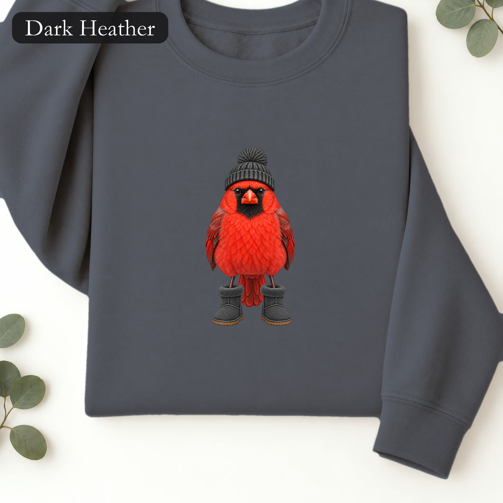 Red Cardinal Bird Wearing Beanie and Boots Sweatshirt | Winter Bird Crewneck