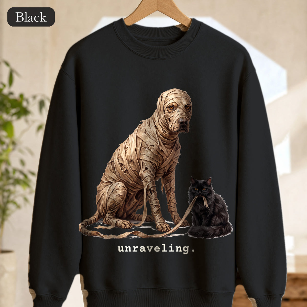 Unraveling Mummy & Cat Sweatshirt, Funny Halloween Mummy Crewneck, Cozy Deadpan Spooky Sweatshirt, Black Cat Lover Gift