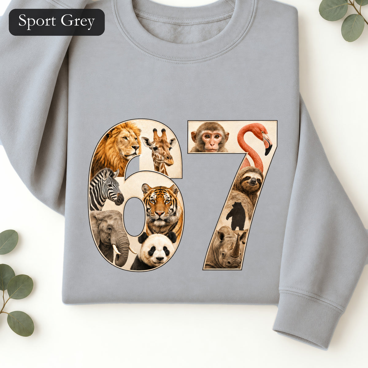 67 Zoo Animals Shirt, Funny 67 Meme Tee, Trendy Animal Number Gift, Giraffe Elephant Lion Sweatshirt