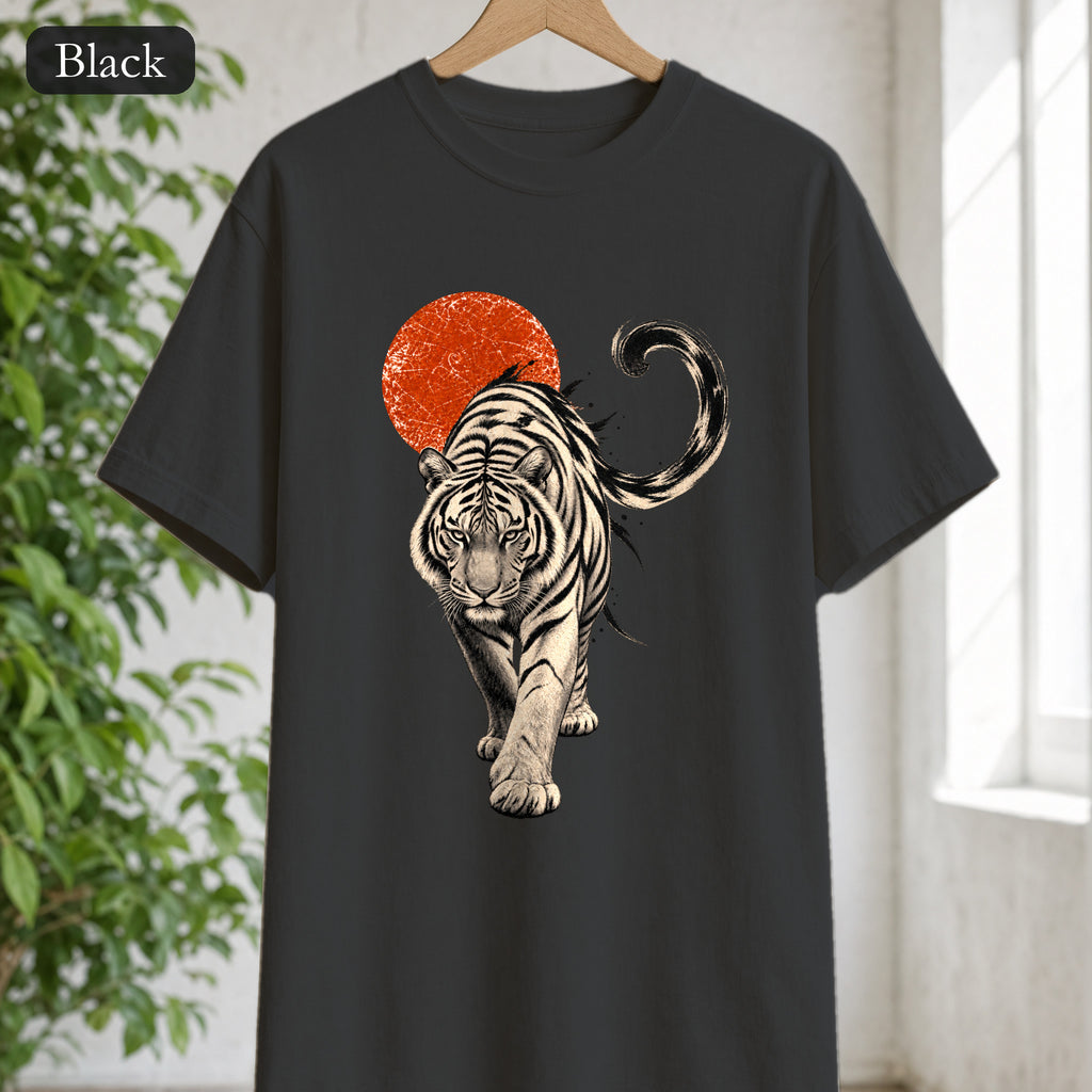 White Tiger with Red Sun Shirt, Japanese Woodblock Tiger Tee, Red Sun Graphic Gift, Asian Art T-Shirt