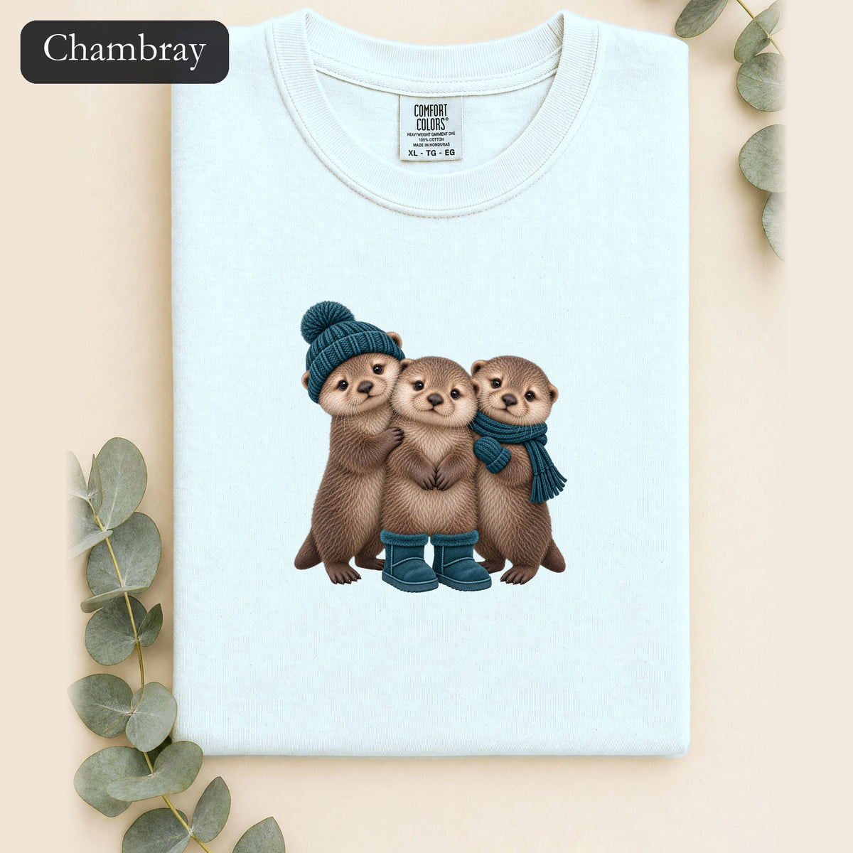 Three Otters Wearing Winter Hats Boots shirt | Cute Otter Trio Design
