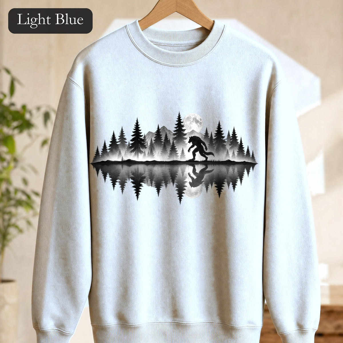 Werewolf Silhouette Moonlight Forest Sweatshirt | Werewolf Lake Reflection