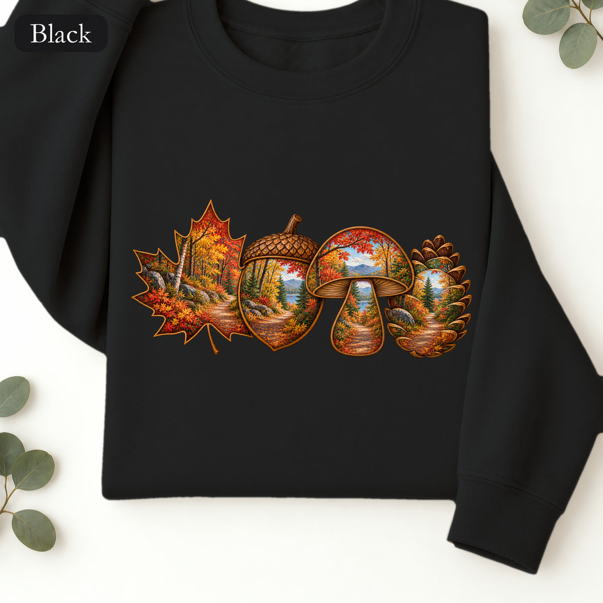 Autumn Lake Scene on Maple Leaves Sweatshirt | Fall Landscape Crewneck