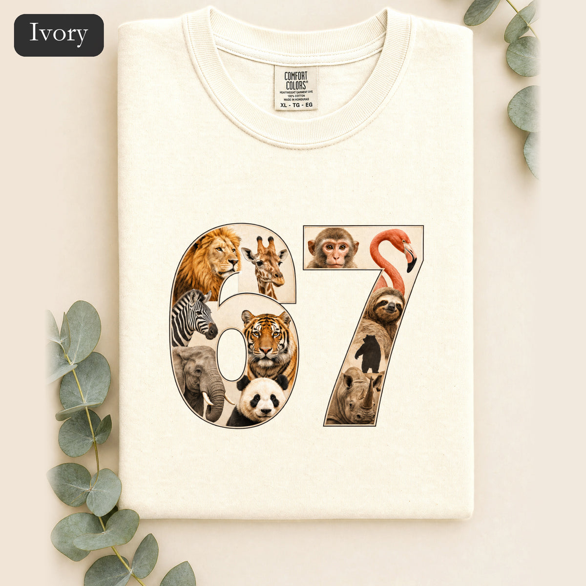 67 Zoo Animals Shirt, Funny 67 Meme Tee, Trendy Animal Number Gift, Giraffe Elephant Lion Sweatshirt