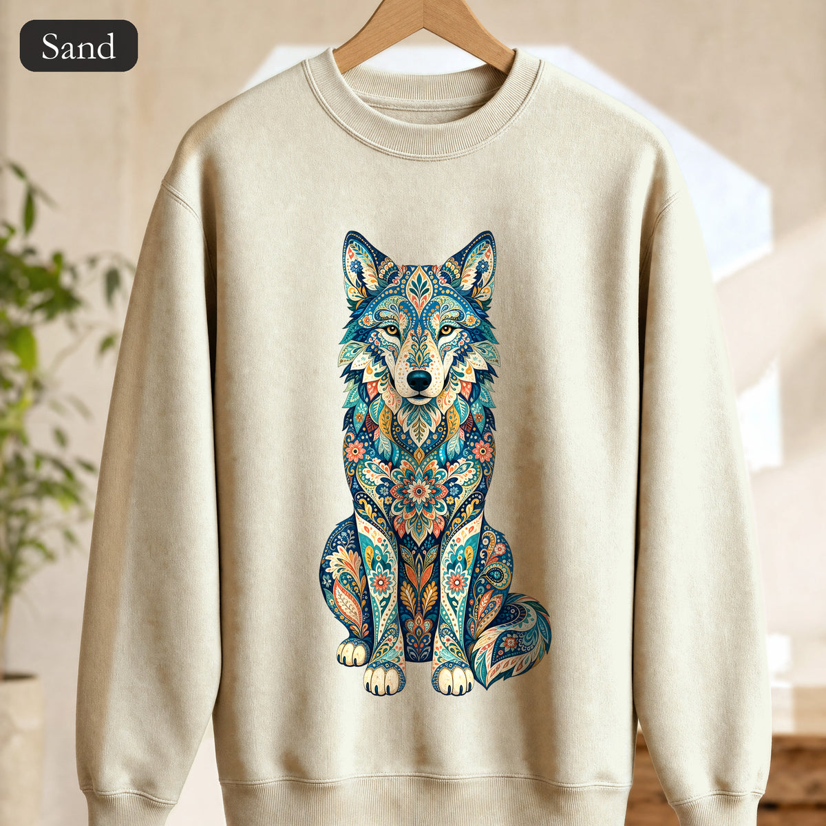 Boho Wolf Shirt, Folk Art Wolf Tee, Japanese Pattern Wolf Lover Gift, Vintage Floral Wolf Sweatshirt