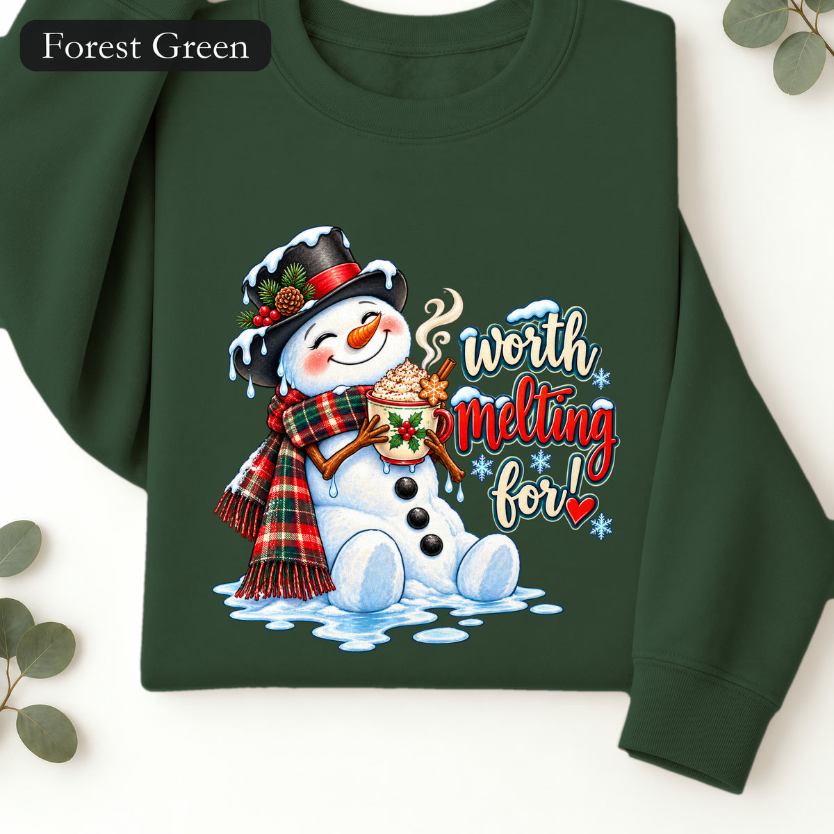 Worth melting for -Snowman with with cocoa Sweatshirt | Christmas Holiday Snowman Crewneck