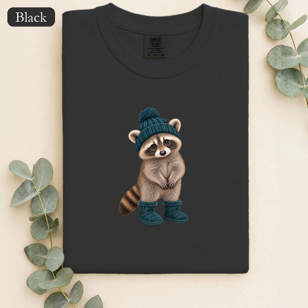 Cozy Raccoon in Beanie and Boots Shirt | Cute Woodland Animal Tee