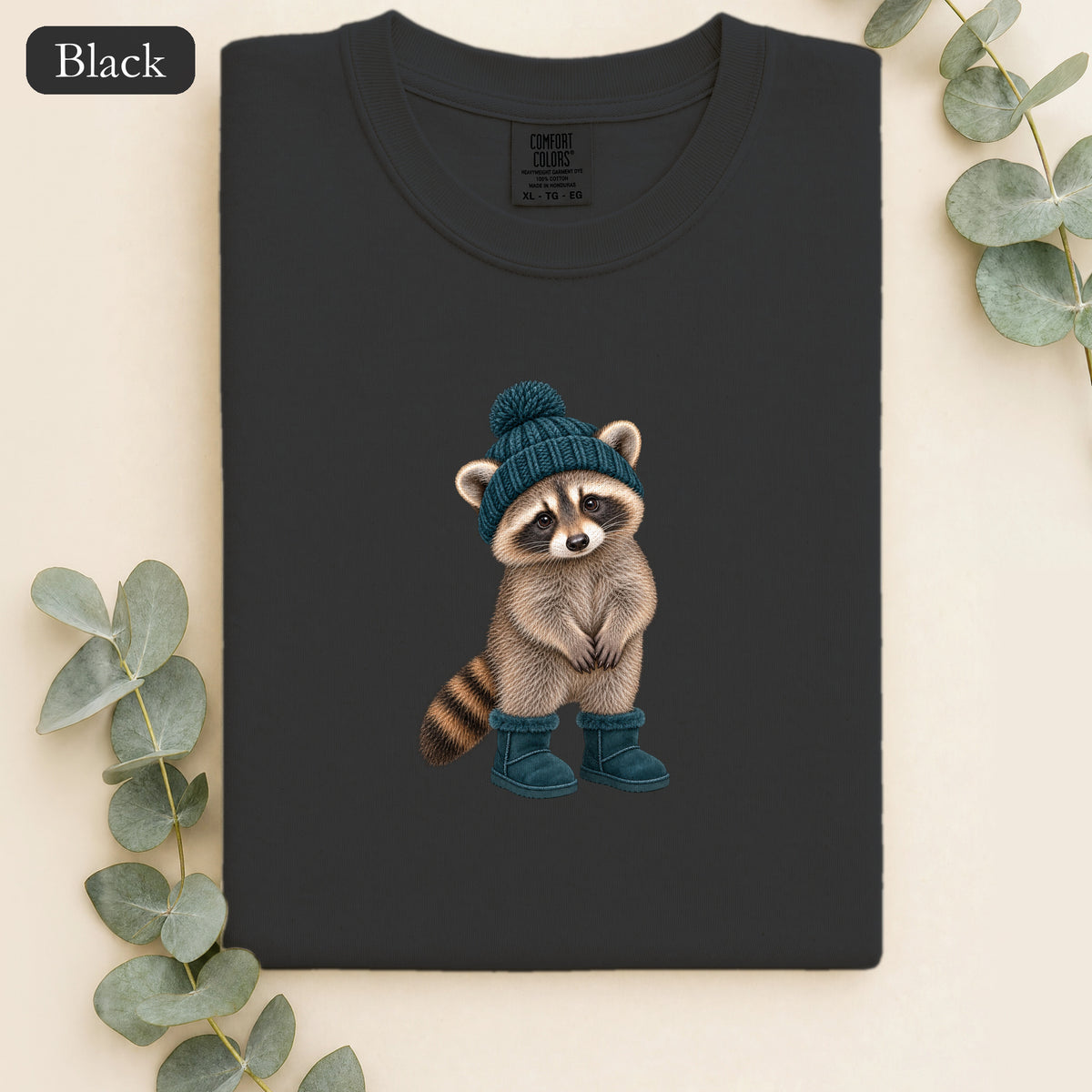 Cozy Raccoon in Beanie and Boots Shirt | Cute Woodland Animal Tee