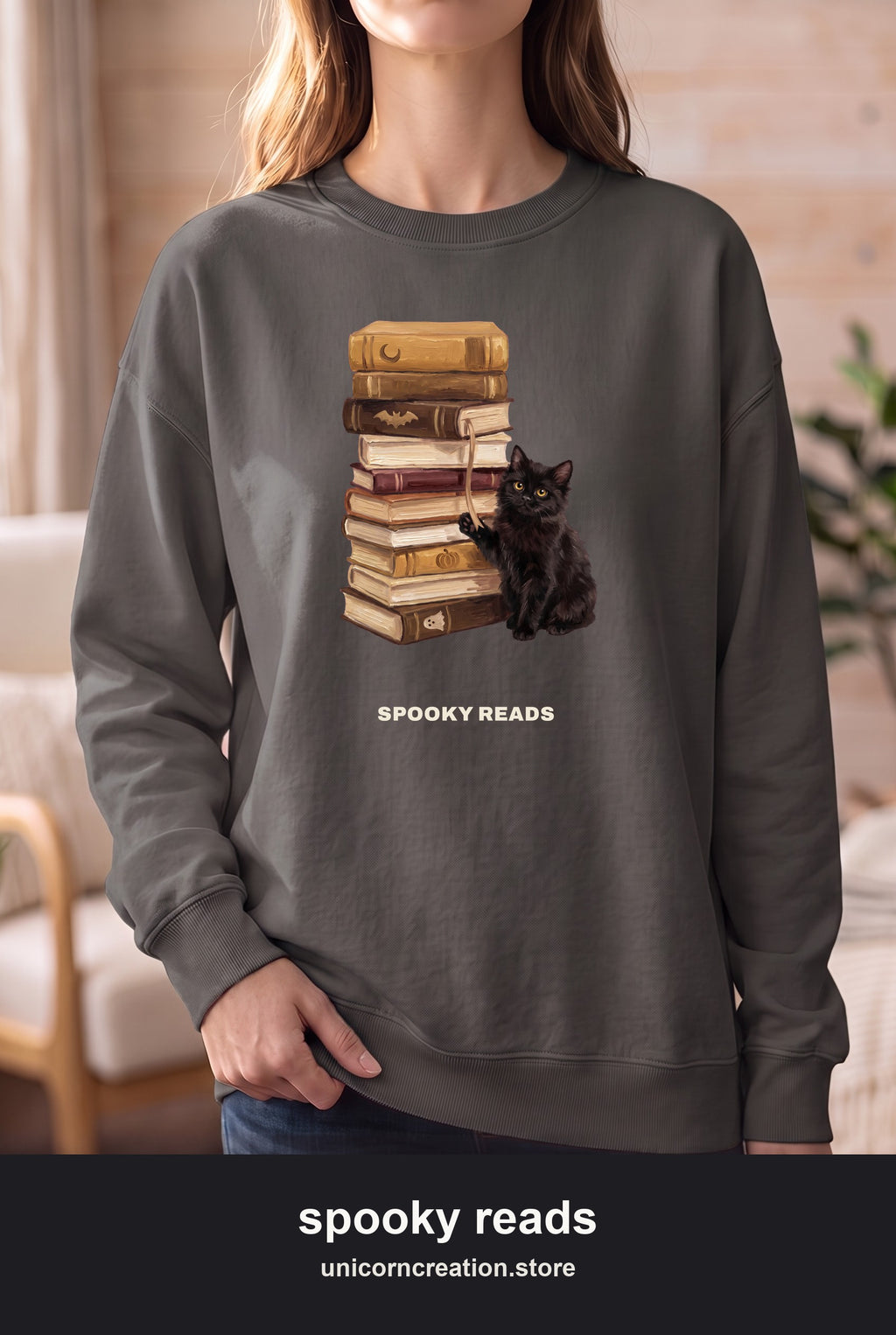 Spooky Reads Cat Sweatshirt, TBR Halloween Book Crewneck, Bookish Spooky Season Sweatshirt, Book Lover Black Cat Gift
