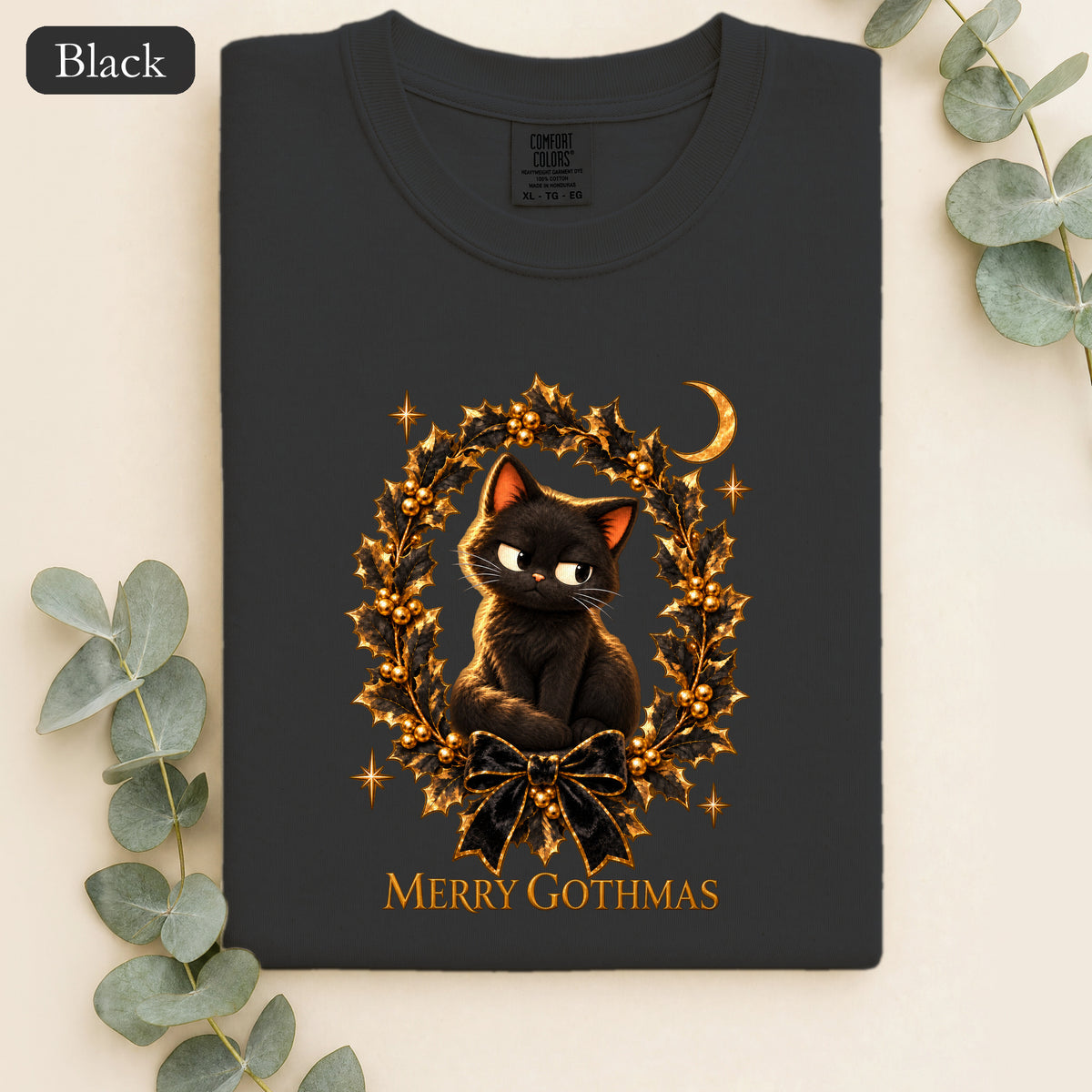Merry Gothmas Black Cat Shirt | Gothic Christmas Holly Wreath and Crescent Moon Tee, Spooky Cat Lover Holiday Gift