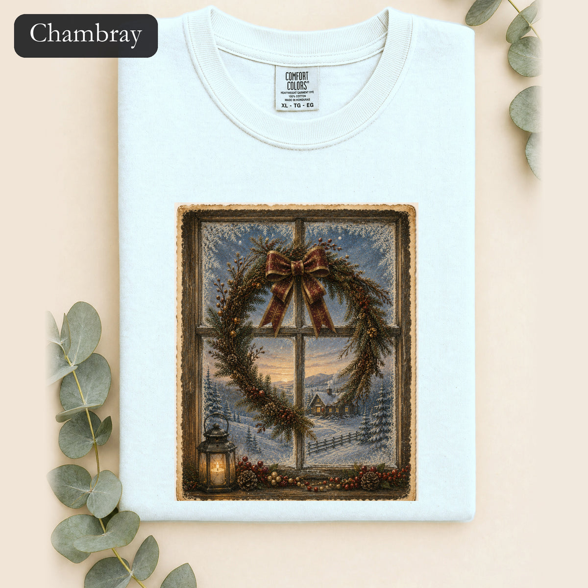 Winter Wreath Window Scene Shirt | Vintage Holiday Postcard
