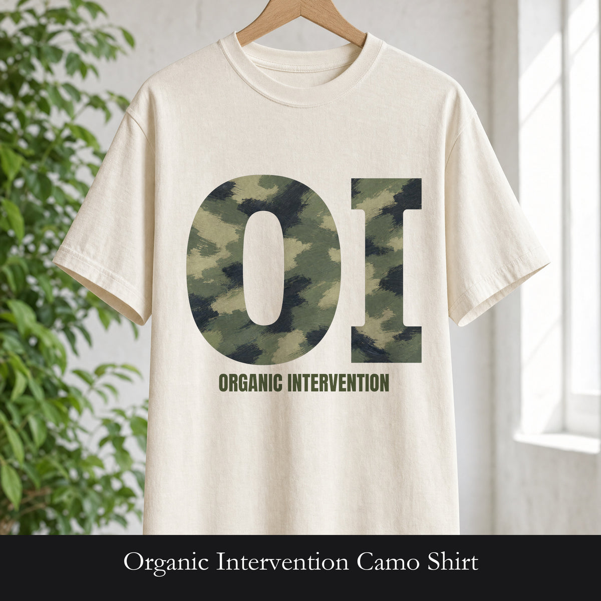 Organic Intervention Camo Shirt, OI Monogram Anti-Algorithm Tee, Streetwear Camo Graphic Gift, Bold Statement Sweatshirt