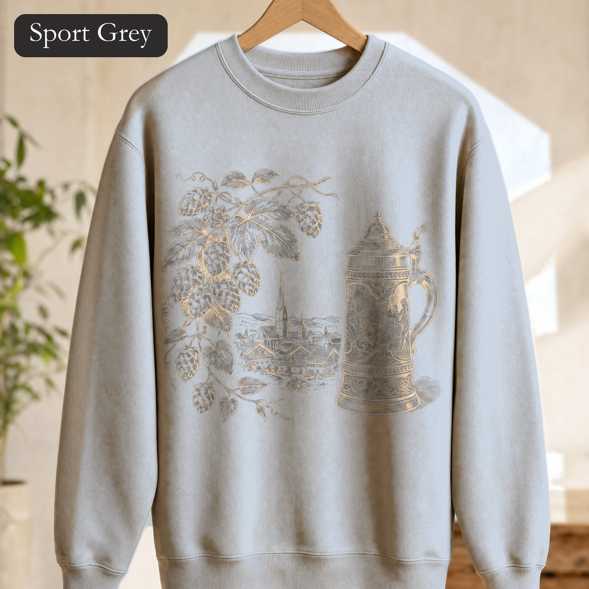 Vintage Beer Stein Illustration Sweatshirt | Hops Vine Scenic Design
