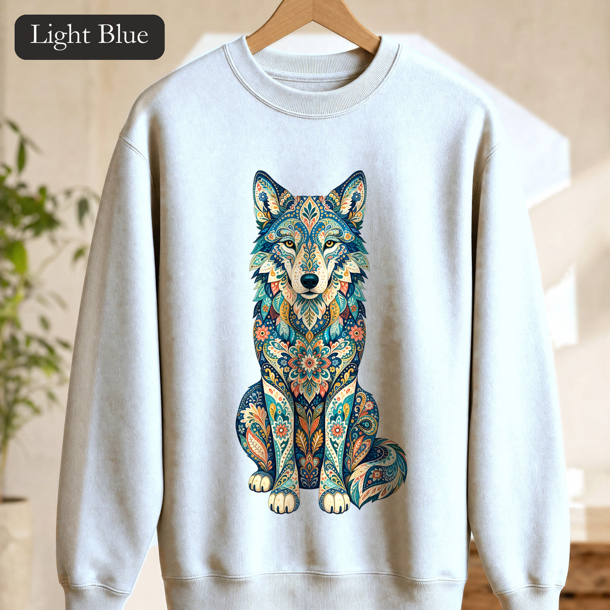 Boho Wolf Shirt, Folk Art Wolf Tee, Japanese Pattern Wolf Lover Gift, Vintage Floral Wolf Sweatshirt