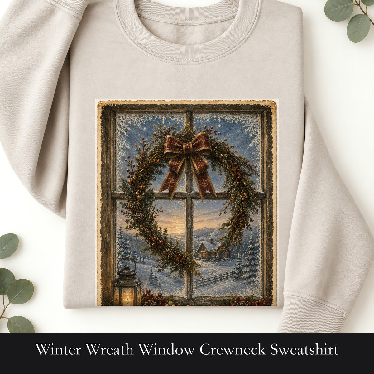 Winter Wreath Window Crewneck Sweatshirt | Vintage Christmas Scene