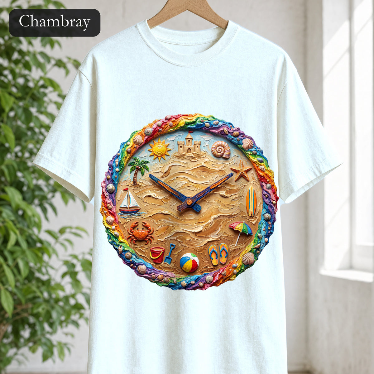 Beach Clock Shirt, Dreamy Coastal Art Tee, Surreal Beach Lover Gift, Summer Ocean Sweatshirt