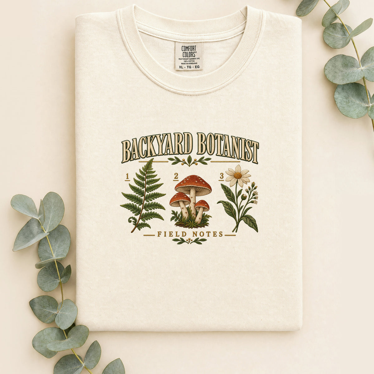 Backyard Botanist Field Notes Mushroom and Wildflower Shirt | Faux Embroidery