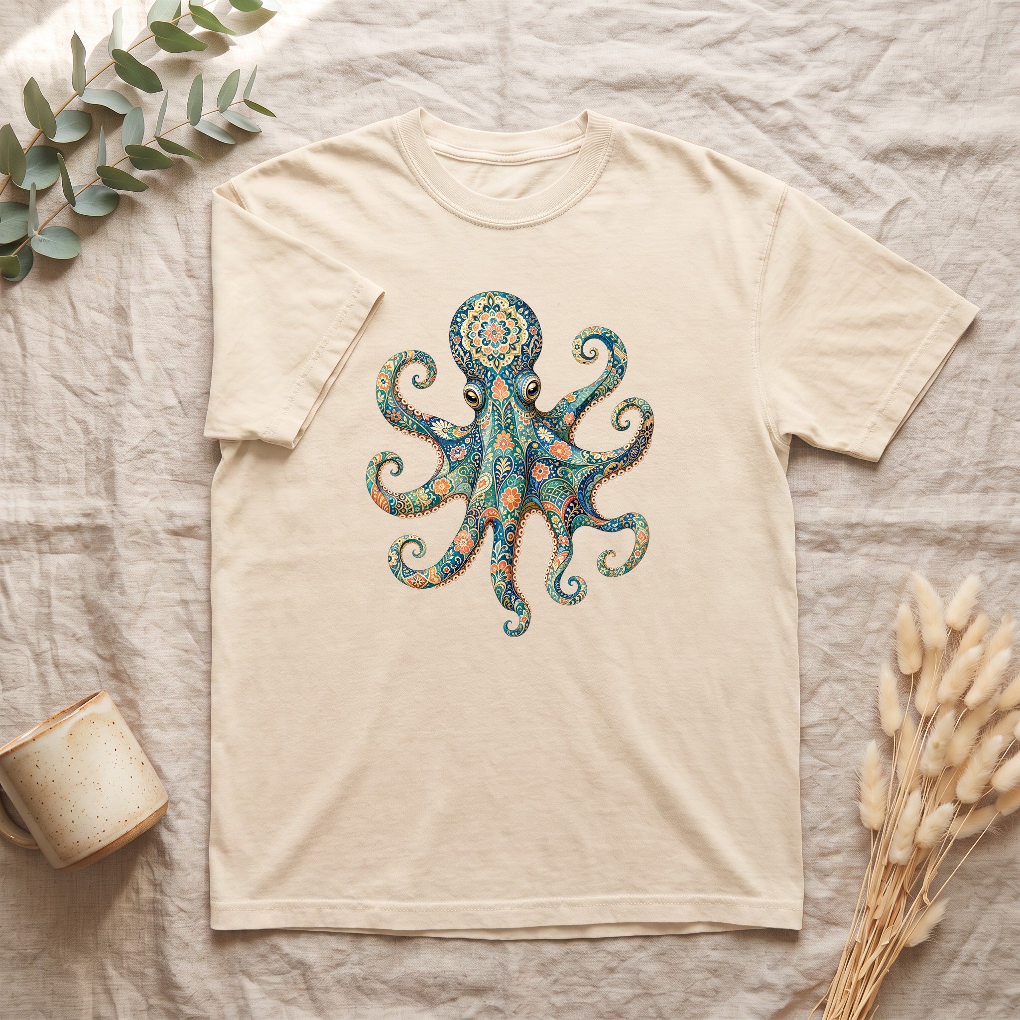 Boho Octopus Shirt, Folk Art Octopus Tee, Japanese Pattern Ocean Lover Gift, Vintage Floral Octopus Sweatshirt