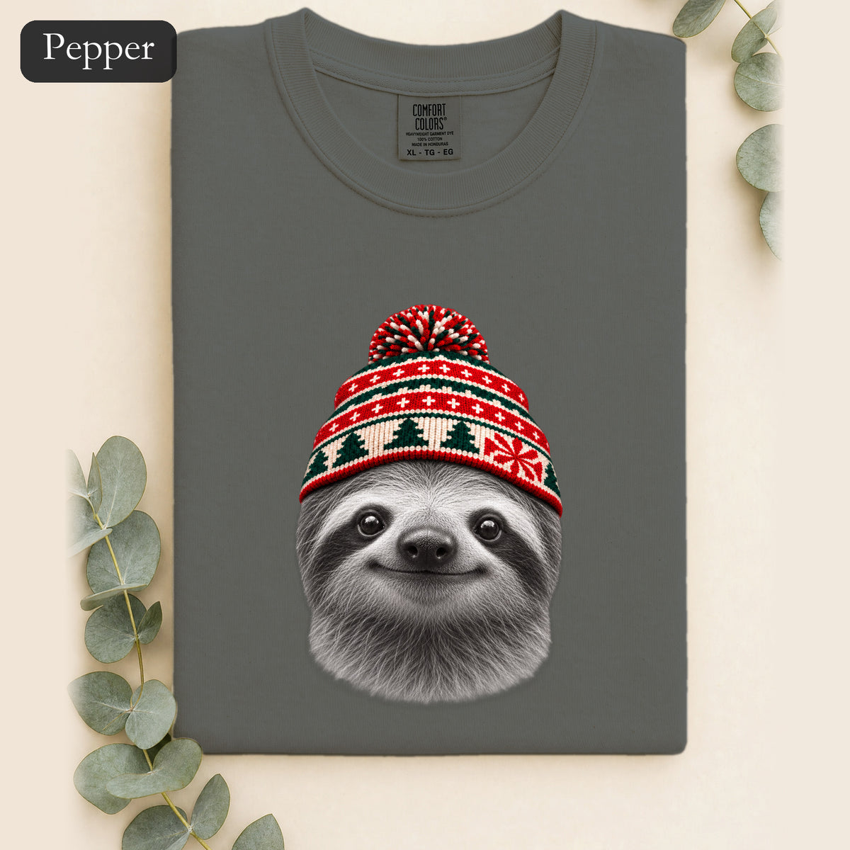 Sloth Wearing Christmas Knit Beanie | Cozy Winter Animal Tee