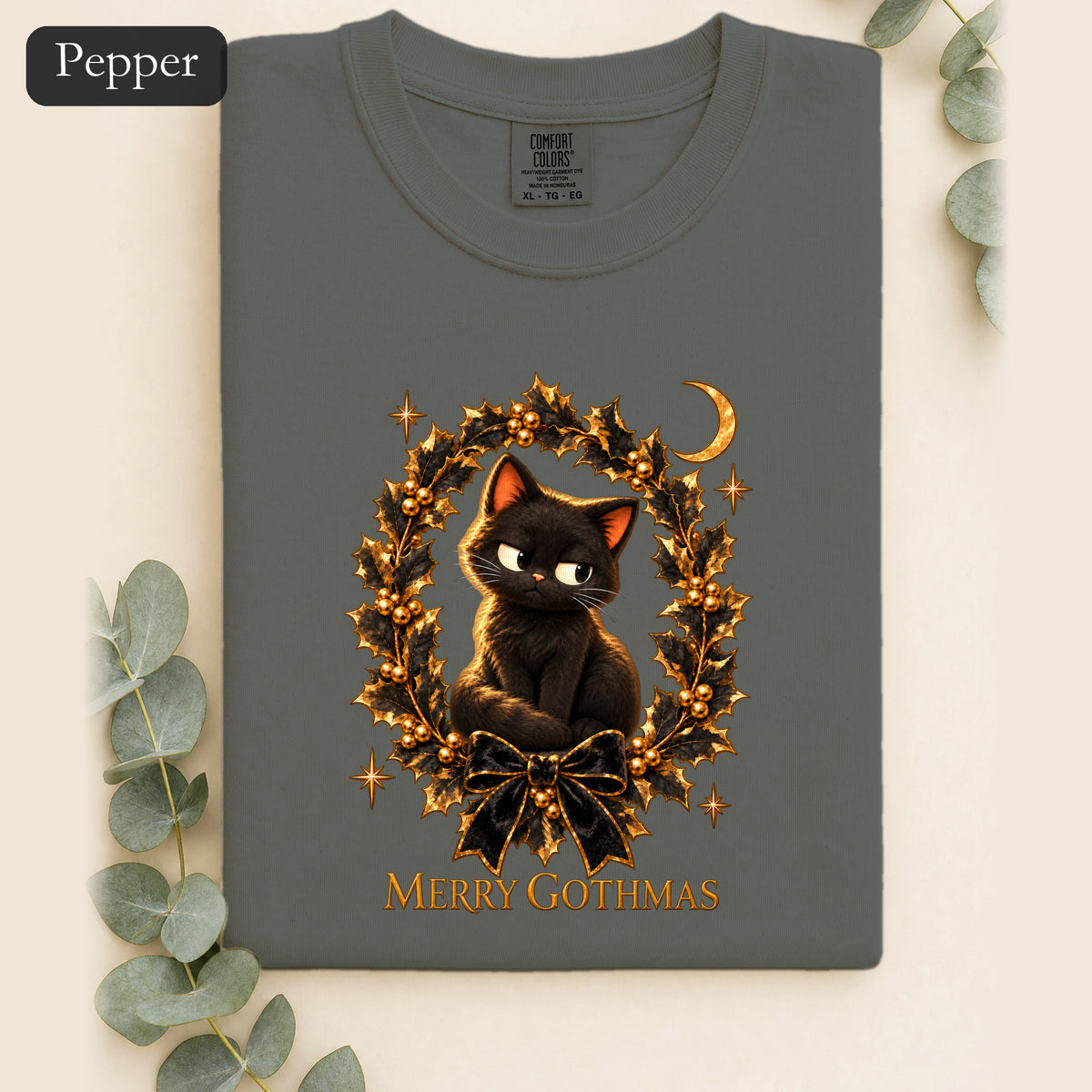 Merry Gothmas Black Cat Shirt | Gothic Christmas Holly Wreath and Crescent Moon Tee, Spooky Cat Lover Holiday Gift