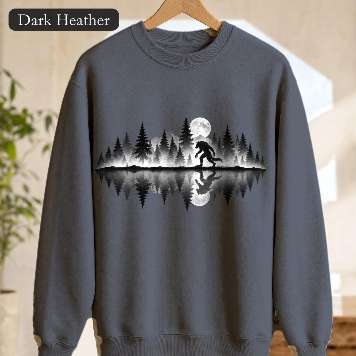 Werewolf Silhouette Moonlight Forest Sweatshirt | Werewolf Lake Reflection