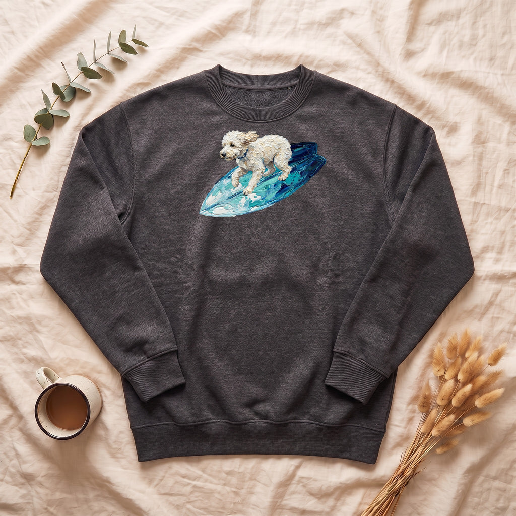 Surfing Dog Shirt, Painterly Surf Dog Tee, Beach Coastal Dog Lover Gift, Summer Ocean Dog Mom Sweatshirt