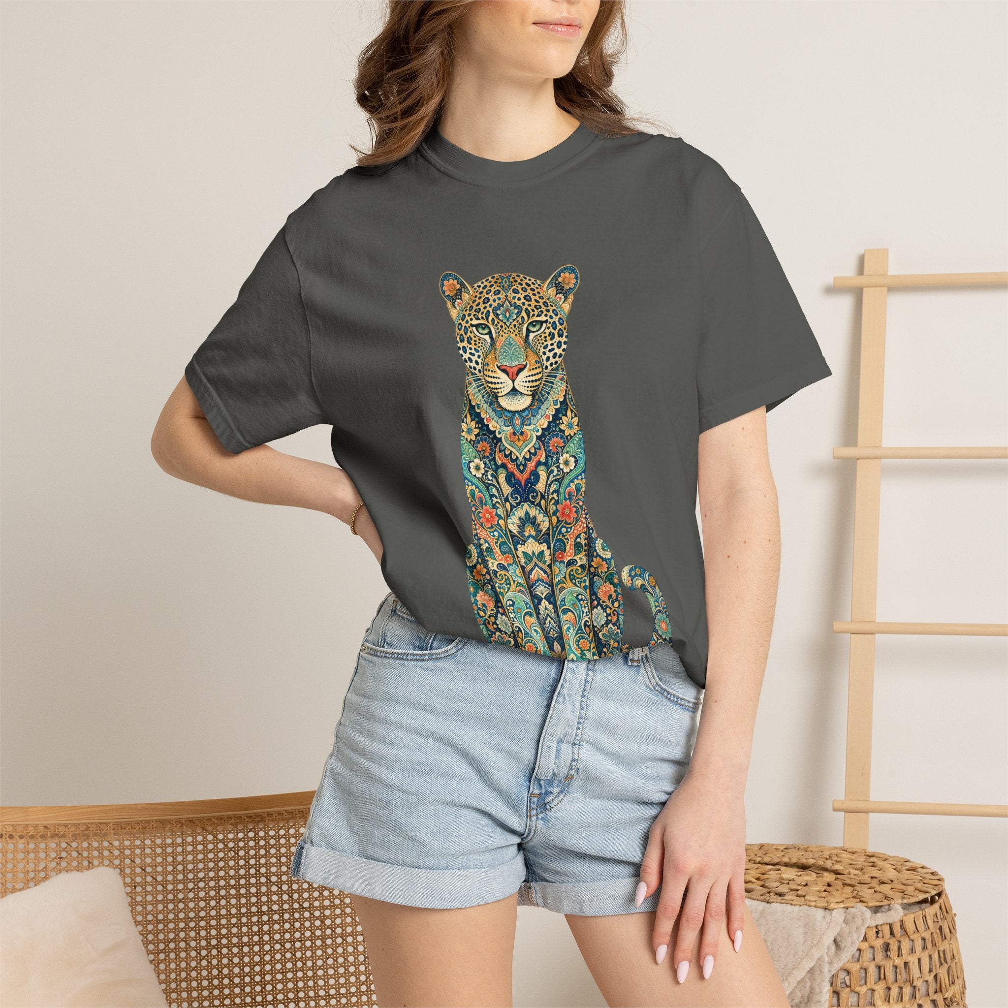 Boho Leopard Shirt, Folk Art Leopard Tee, Japanese Pattern Big Cat Lover Gift, Vintage Floral Leopard Sweatshirt
