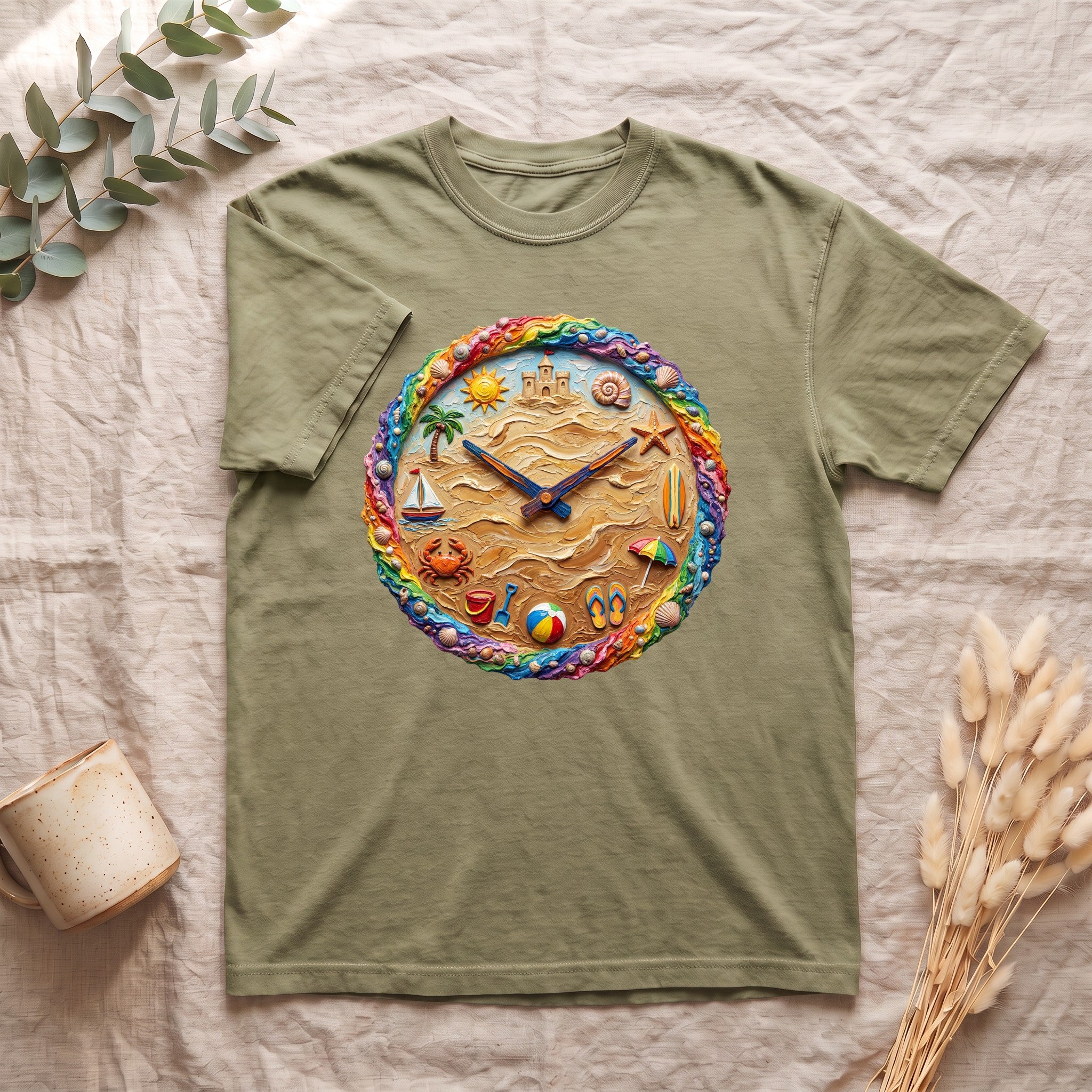 Beach Clock Shirt, Dreamy Coastal Art Tee, Surreal Beach Lover Gift, Summer Ocean Sweatshirt