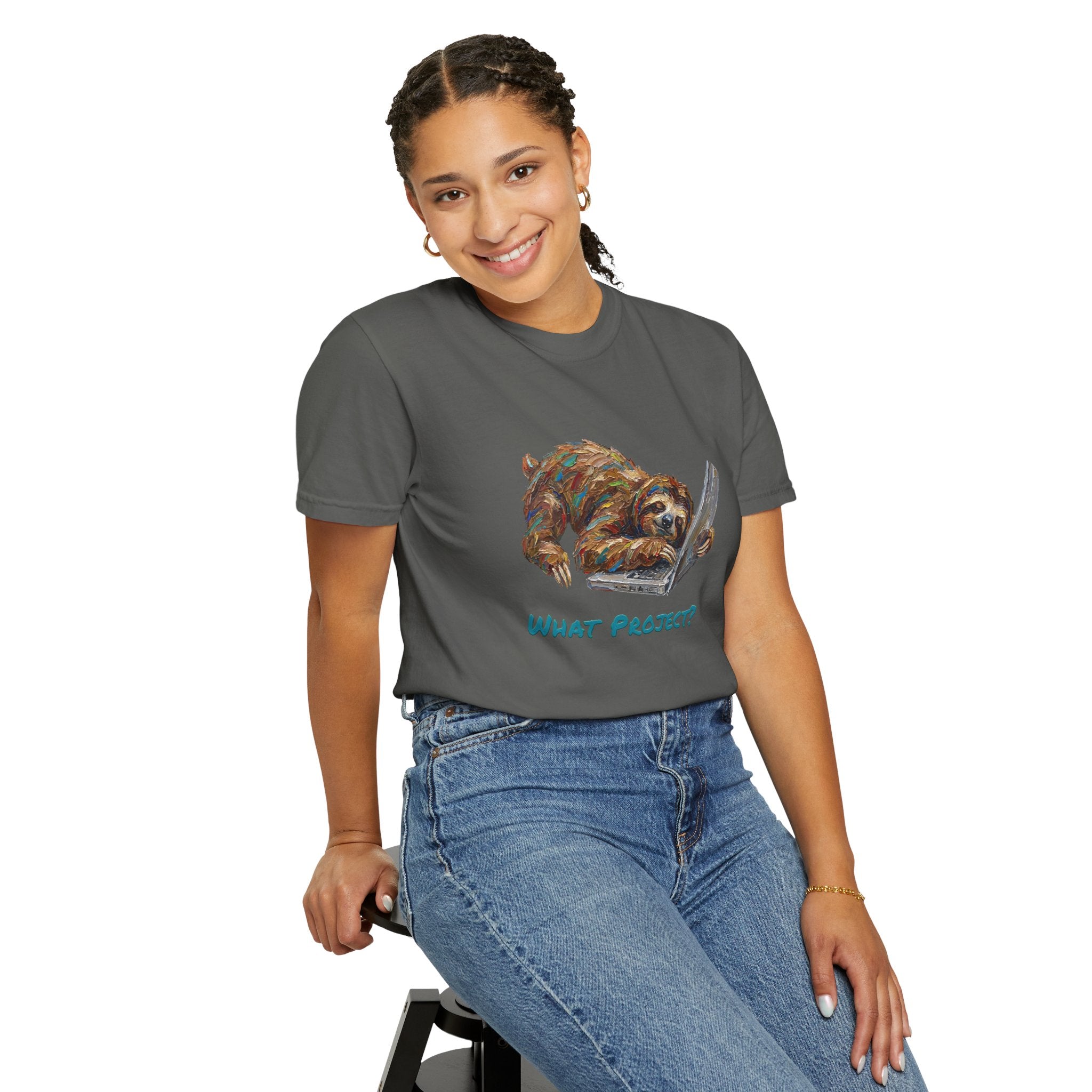 Sloth With Laptop T-Shirt — What Project? Funny Procrastination Tee