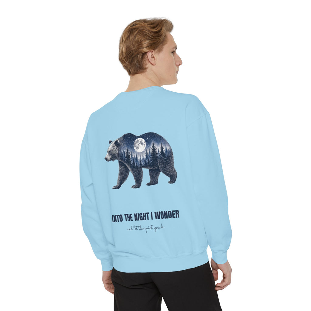 Into the Night I Wonder Shirt, Bear Double Exposure Tee, Moonlit Forest Camping Gift, Woodland Nature Sweatshirt