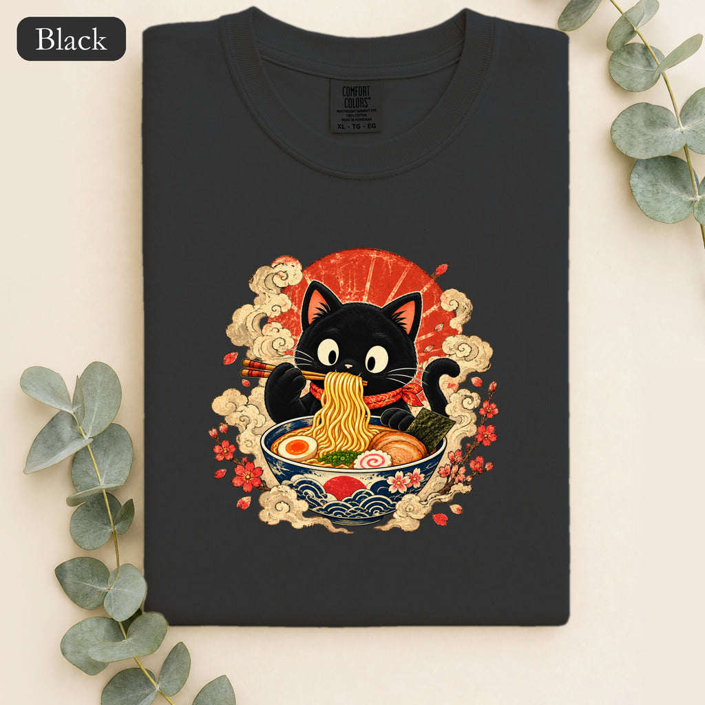Kawaii Black Cat Slurping Ramen Shirt | Japanese Noodles, Retro Floral