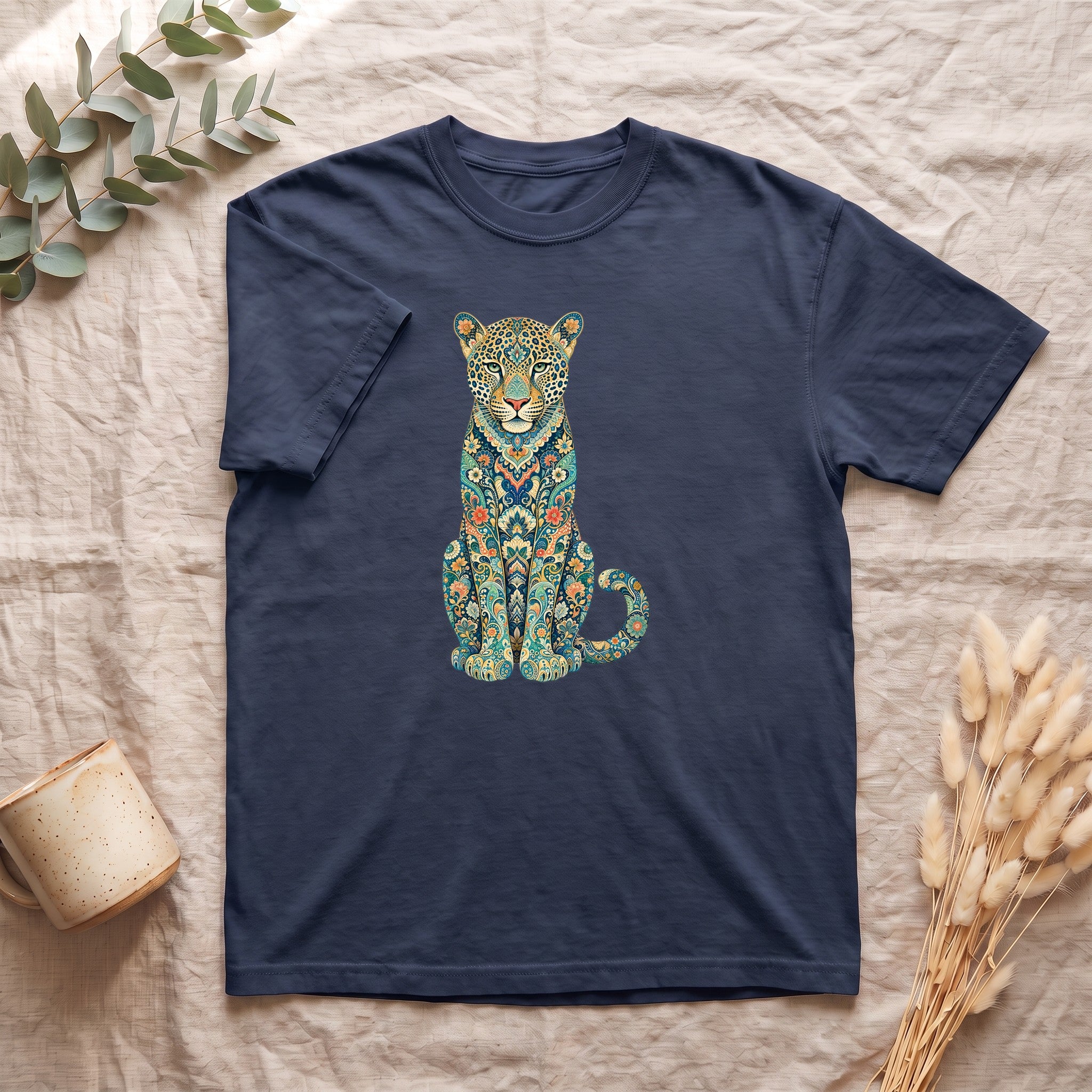 Boho Leopard Shirt, Folk Art Leopard Tee, Japanese Pattern Big Cat Lover Gift, Vintage Floral Leopard Sweatshirt