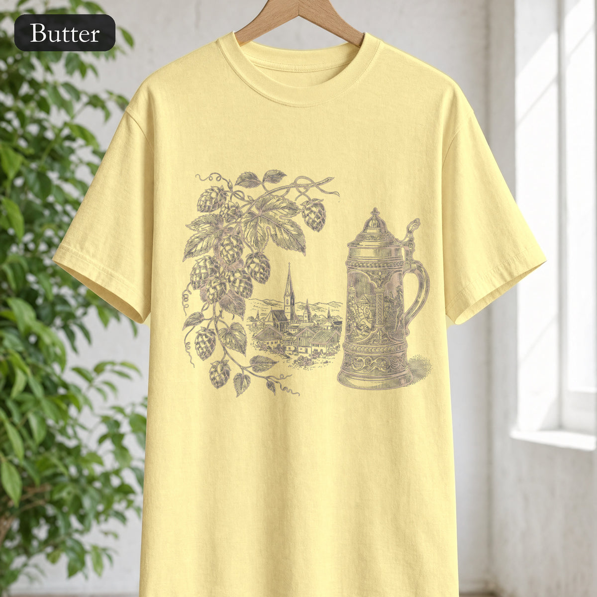 Vintage Beer Stein Illustration Shirt | Hops Vine Scenic Design