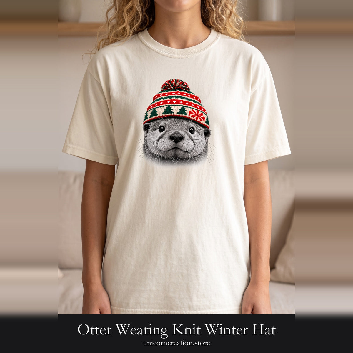 Otter Wearing Knit Winter Hat Shirt | Cute Holiday Animal Tee