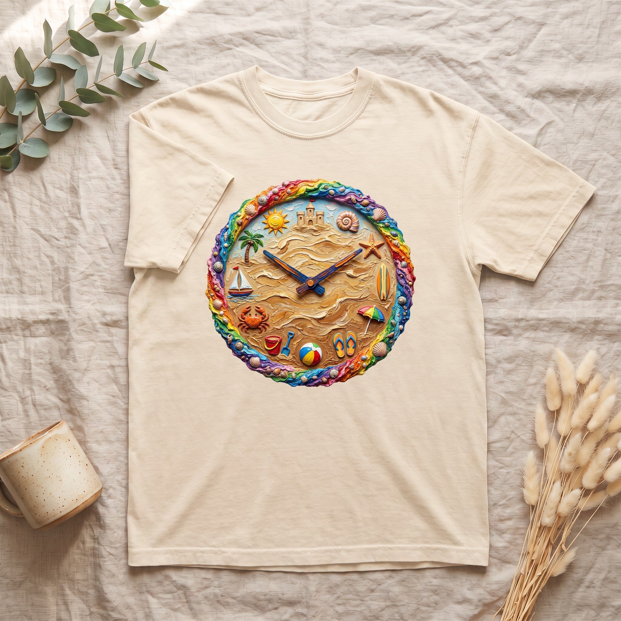 Beach Clock Shirt, Dreamy Coastal Art Tee, Surreal Beach Lover Gift, Summer Ocean Sweatshirt