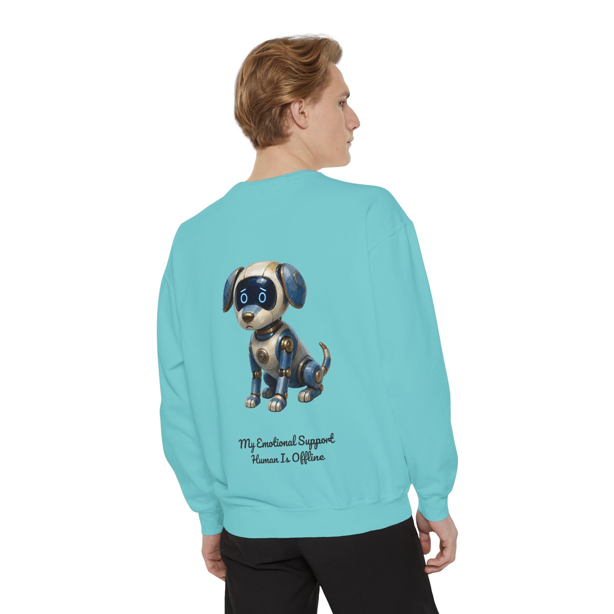Robot Dog Emotional Support Human Offline Shirt, Funny AI Dog Tee, Tech Programmer Gift, Sci-Fi Humor Sweatshirt