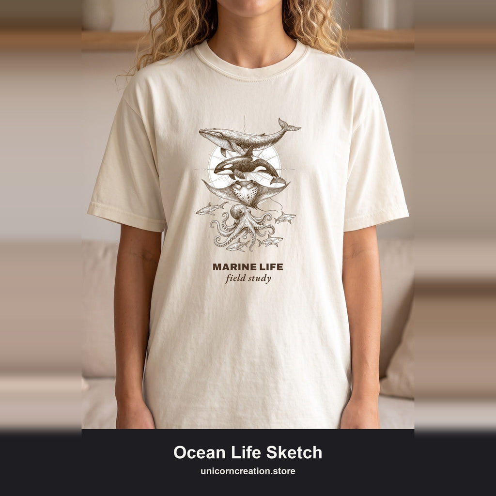 Ocean Life Sketch Shirt, Vintage Marine Animals Tee, Sailor Journal Sea Life Gift, Nautical Ocean Lover Sweatshirt