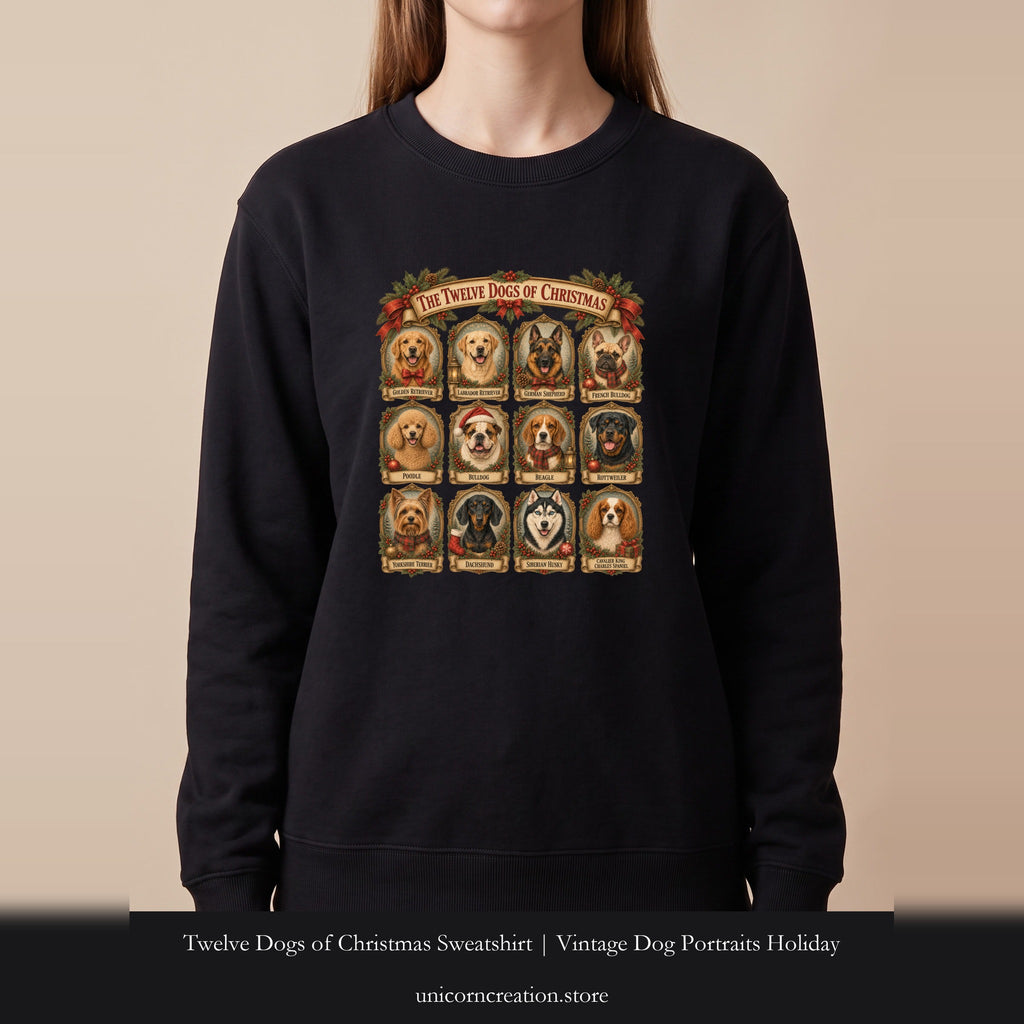 Twelve Dogs of Christmas Sweatshirt | Vintage Dog Portraits Holiday
