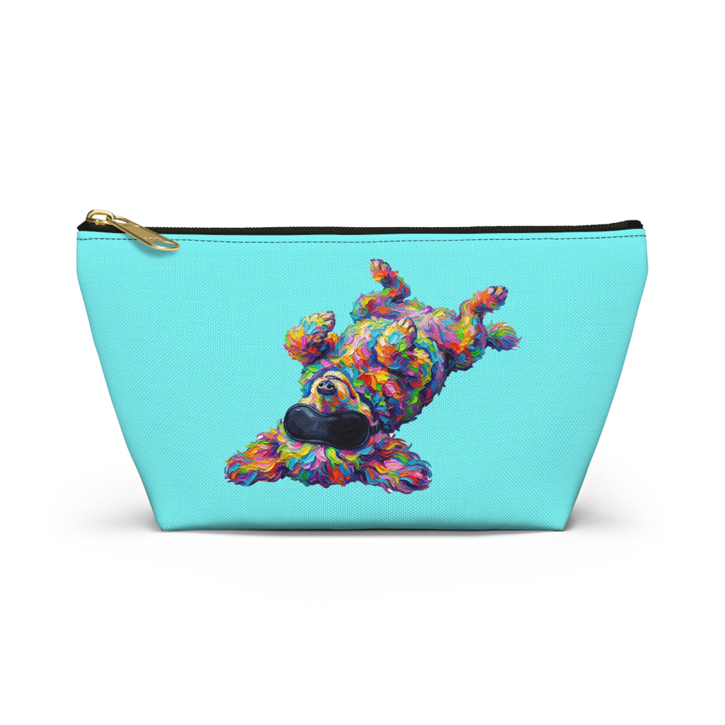 Zip accessory pouch printed with a colorful painterly sleeping dog