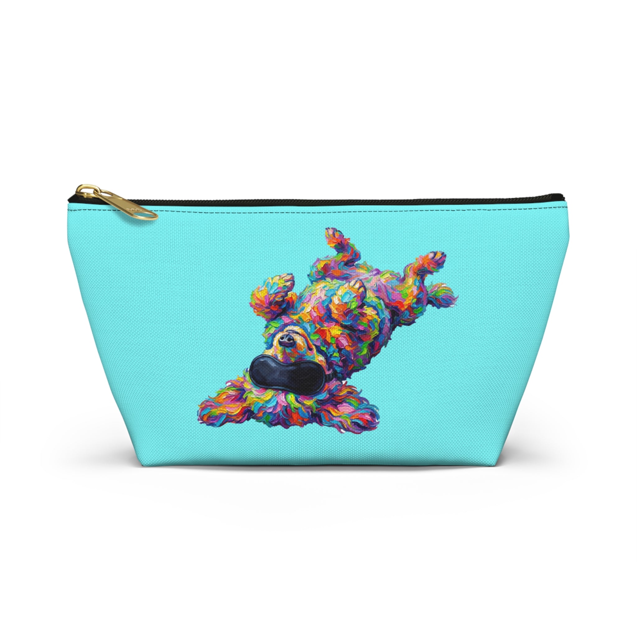 Zip accessory pouch printed with a colorful painterly sleeping dog